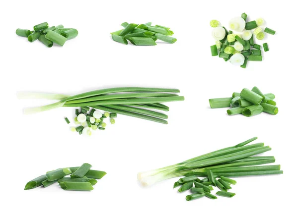 Set Geschnittene Grüne Zwiebeln Auf Weißem Hintergrund — Stockfoto