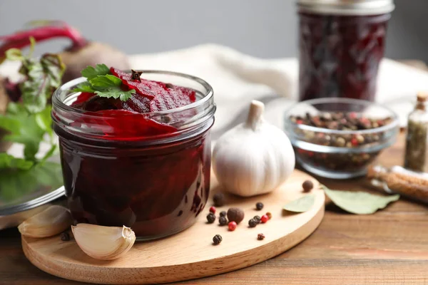 Delicious pickled beets and spices on wooden table — Stock Image Delicious Pickled Beets Spices Wooden Table Stock Picture