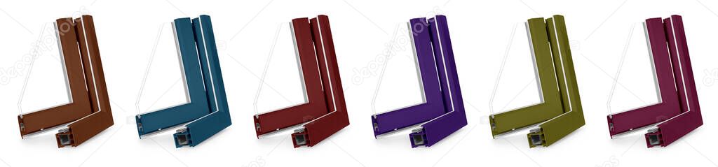 Set with samples of modern window profile in different colors on white background, banner design 