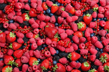 Arka plan olarak farklı olgun, lezzetli böğürtlenlerin karışımı.