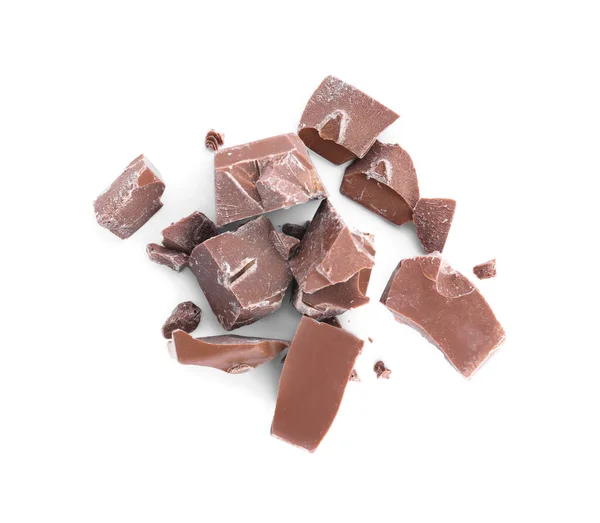 Kousky Mléčné Čokolády Izolované Bílém Horní Pohled — Stock fotografie