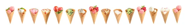 Набор Различных Мороженого Вафельных Конусах Белом Фоне Баннерный Дизайн — стоковое фото