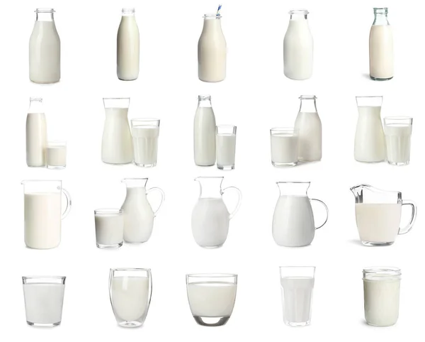 Set Different Glassware Fresh Milk White Background — Stock Photo, Image