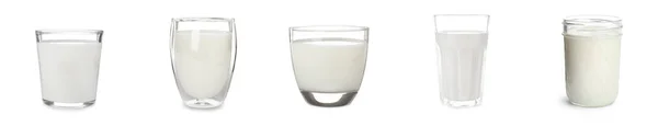 Set Glasses Fresh Milk White Background Banner Design — Stock Photo, Image