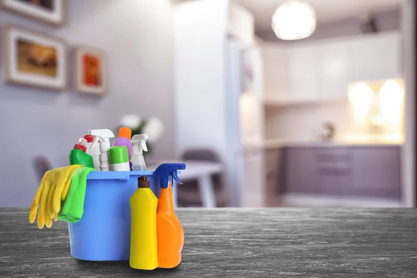 Bucket Cleaning Supplies Stone Surface Modern Room Space Text — Stock Photo, Image