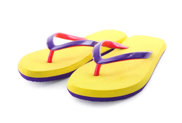 Een Paar Stijlvolle Gele Teenslippers Geïsoleerd Wit Strand Object — Stockfoto