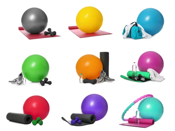 Set Palline Fitness Altri Accessori Sportivi Sfondo Bianco — Foto Stock