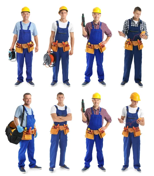 Collage Photos Electricians White Background Royalty Free Stock Photos