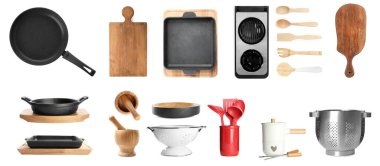 Beyaz arkaplanda farklı mutfak aletleri ve pankart tasarımı ile ayarlandı 