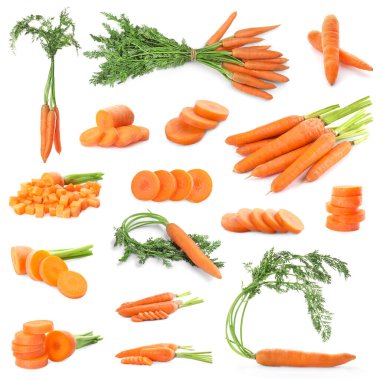 Set of whole and cut carrots on white background clipart