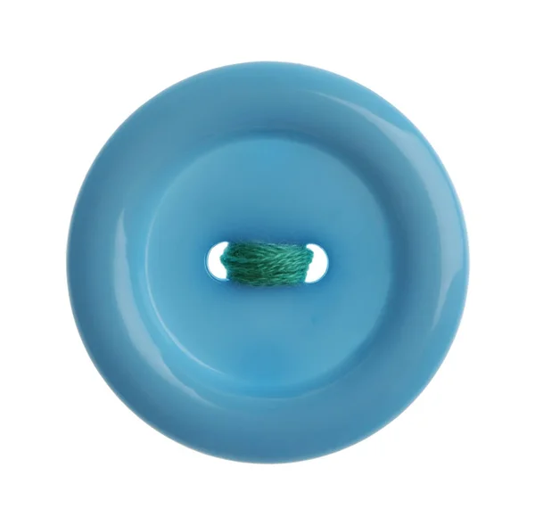 Botão Costura Plástico Azul Isolado Branco Vista Superior — Fotografia de Stock