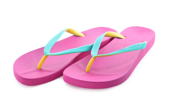 Een Paar Stijlvolle Roze Teenslippers Geïsoleerd Wit Strand Object — Stockfoto