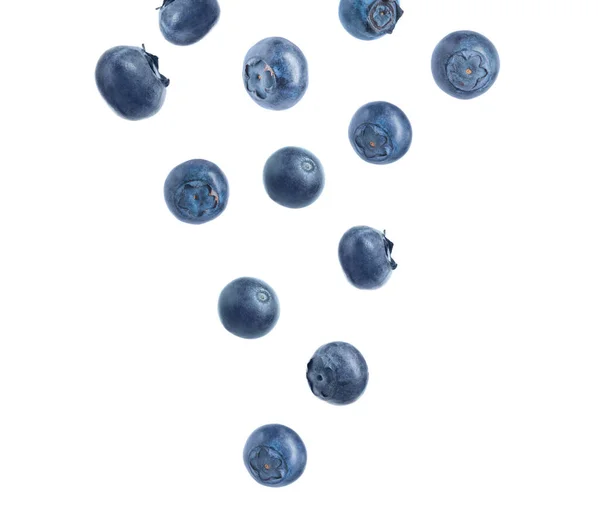Fresh Ripe Blueberries Falling White Background — Stock Photo, Image