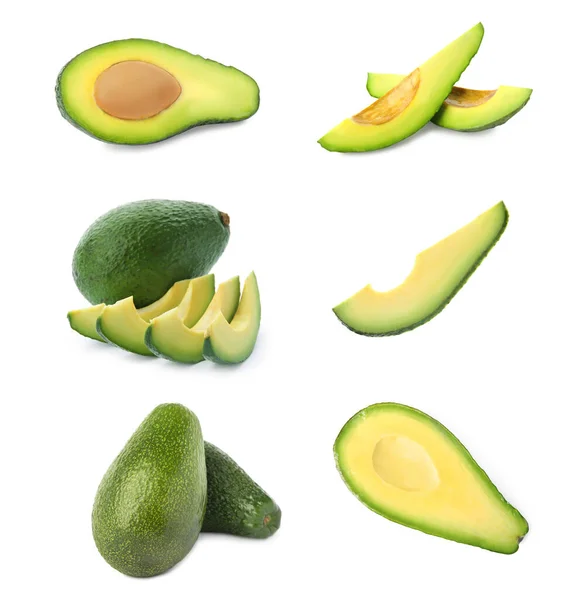 Set Van Gesneden Hele Avocado Witte Achtergrond — Stockfoto