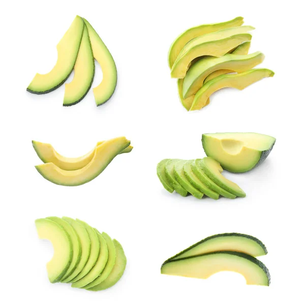 Set Van Avocado Plakjes Witte Achtergrond — Stockfoto