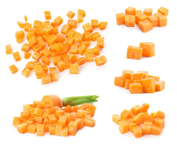 Collage Con Trozos Zanahorias Frescas Sobre Fondo Blanco —  Fotos de Stock