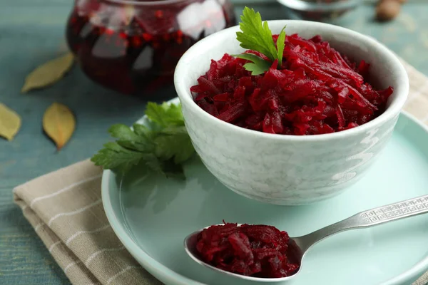 Bowl with delicious pickled beets on blue wooden table, closeup — Stock Image Bowl Delicious Pickled Beets Blue Wooden Table Closeup Stock Photo