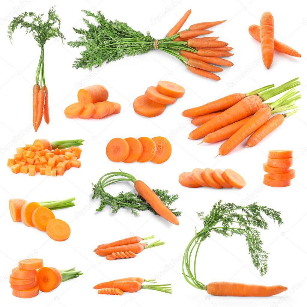 Set of whole and cut carrots on white background