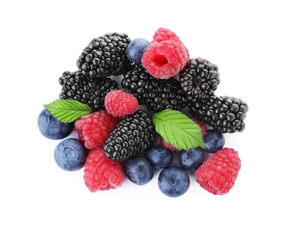 Pile Different Ripe Tasty Berries Green Leaves Isolated White Top — Stock Photo, Image