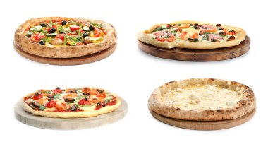 Beyaz arkaplanda farklı lezzetli pizzalarla ayarlandı