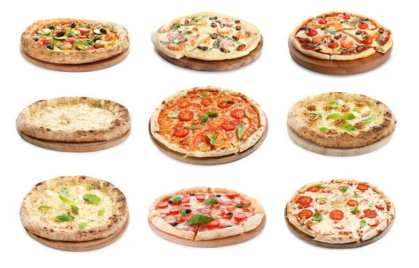 Conjunto Com Diferentes Pizzas Saborosas Fundo Branco — Fotografia de Stock