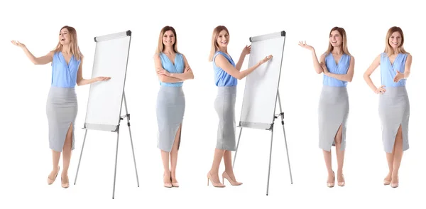 Collage Photos Business Trainer White Background Banner Design — Stock Photo, Image