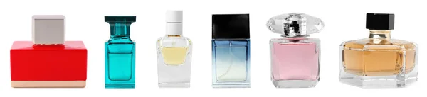 Set Different Bottles Perfume White Background Banner Design — Stock Photo, Image