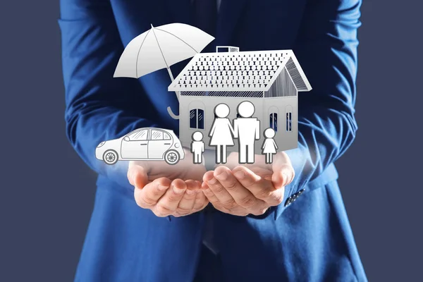 Insurance Concept Umbrella Demonstrating Protection Man Illustrations Dark Background Closeup — Stock Photo, Image