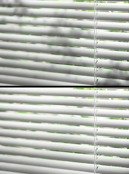 Window blinds before and after cleaning, closeup