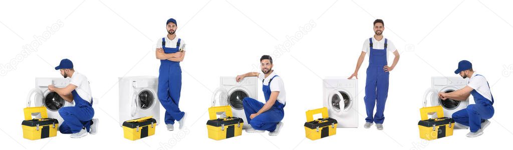 Collage with photos of plumber on white background. Banner design 
