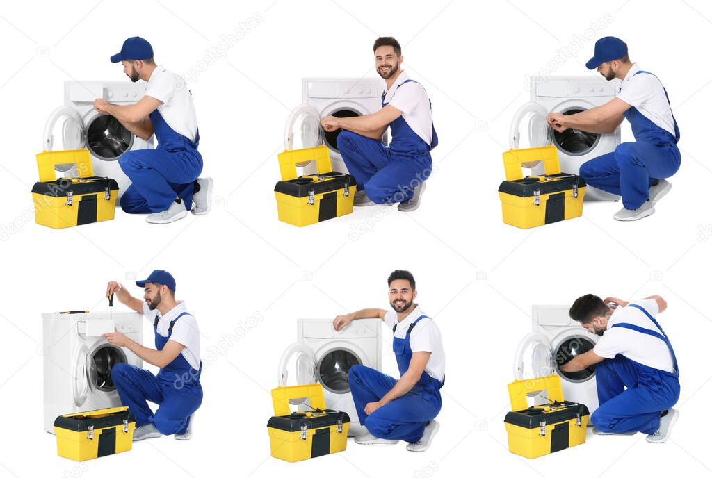 Collage with photos of plumber on white background