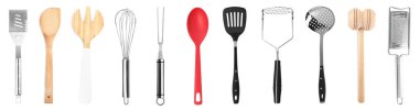 Set with different cooking utensils on white background, banner design  clipart