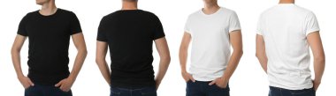 Beyaz arka planda tişörtlü adamlar, ön ve arka manzaralı yakın plan. Tasarım için model