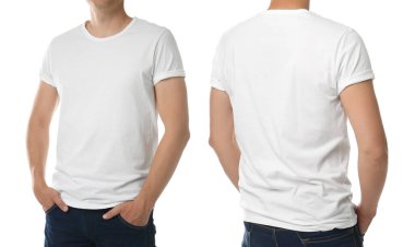 Beyaz arka planda tişörtlü bir adam. Arka ve ön manzaralı yakın plan. Tasarım için model