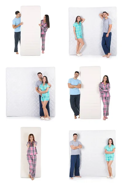 Collage Con Fotos Personas Colchones Sobre Fondo Blanco —  Fotos de Stock