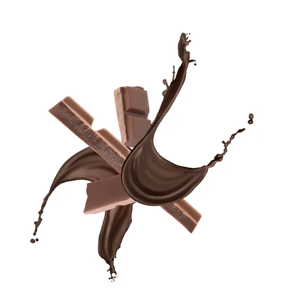Delicioso Chocolate Derretido Pedaços Caindo Fundo Branco — Fotografia de Stock
