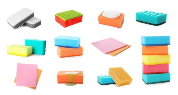 Set Different Sponges White Background Banner Design Cleaning Service — Stock Photo, Image