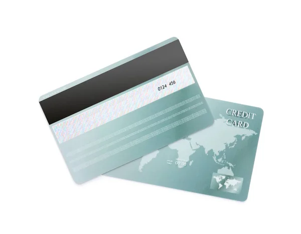 Grijze Plastic Creditcards Witte Achtergrond — Stockfoto