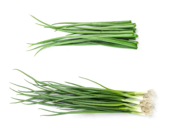 Fresh Green Spring Onions White Background Top View — Stock Photo, Image