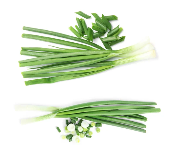 Set Geschnittener Grüner Zwiebeln Auf Weißem Hintergrund Draufsicht — Stockfoto