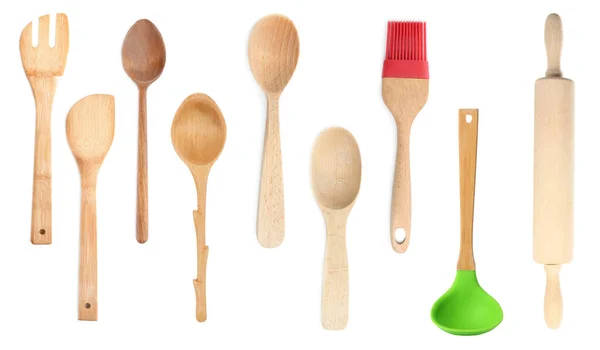 Set Different Wooden Cooking Utensils White Background Banner Design — Stock Photo, Image