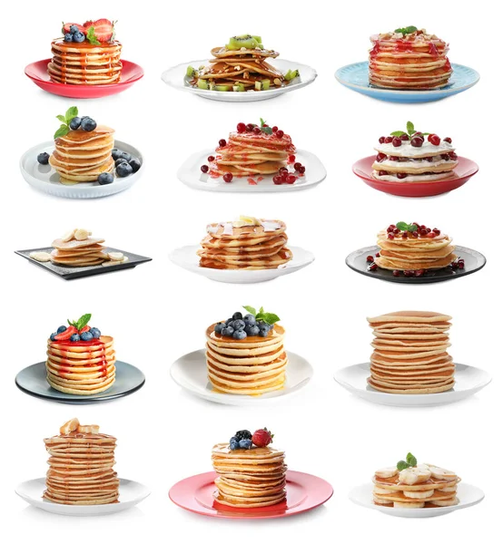 Set Delicious Pancakes Different Toppings White Background — Stock Photo, Image