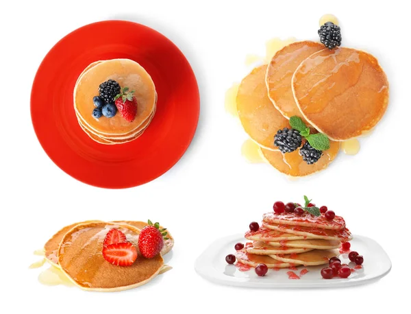 Set Delicious Pancakes Different Toppings White Background — Stock Photo, Image
