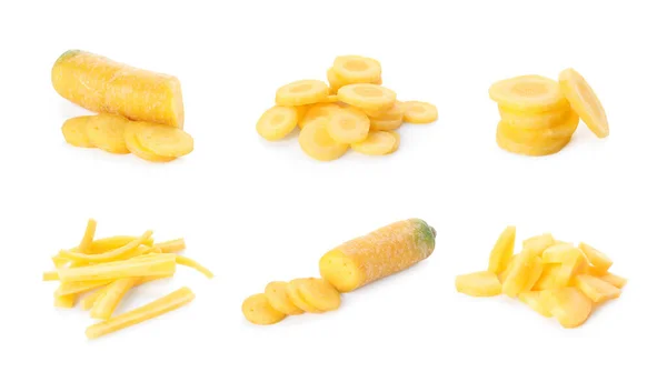 Set Cut Yellow Carrots White Background Banner Design — Stock Photo, Image