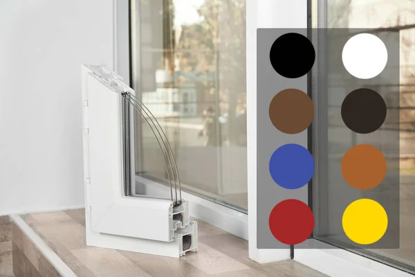 Sample of modern window profile on sill and avaiable colors palette