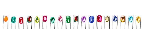 Set Tweezers Different Shiny Gemstones White Background Banner Design — Stock Photo, Image