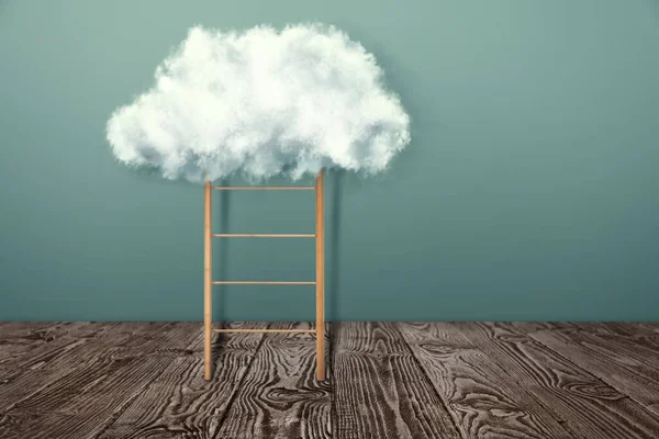 Wooden ladder with cloud near grey wall. Conceptual design