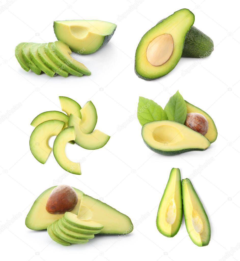 Set of cut avocados on white background
