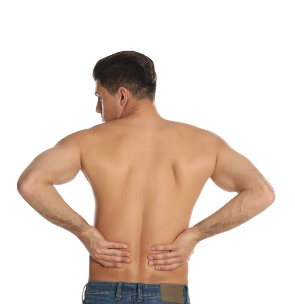 Man Suffering Lower Back Pain White Background Visiting Orthopedist — Stock Photo, Image