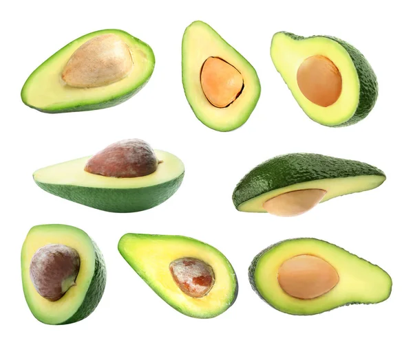 Set Van Gesneden Avocado Witte Achtergrond — Stockfoto